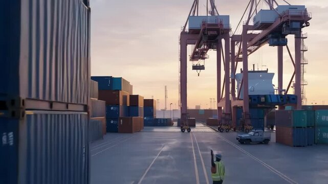 Medium shot of sensor devices installed on shipping containers capturing secure data flow within a traceability blockchain system for monitored logistics.