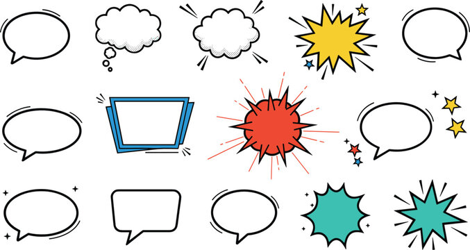 Comic speech bubble and explosion outline set with pop art dialogue shapes for cartoon illustration design