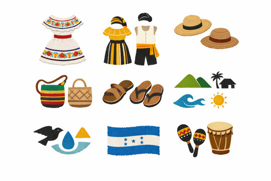 Honduran Traditional Attire and Cultural Symbols Illustration