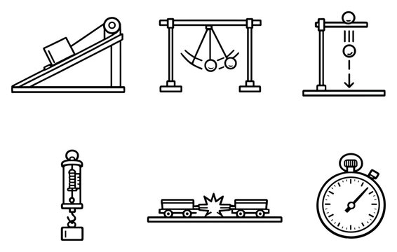 Classical physics experiments in outline style: inclined plane setup, pendulum motion rig, free fall object drop, force spring scale, collision track system. Vector icons