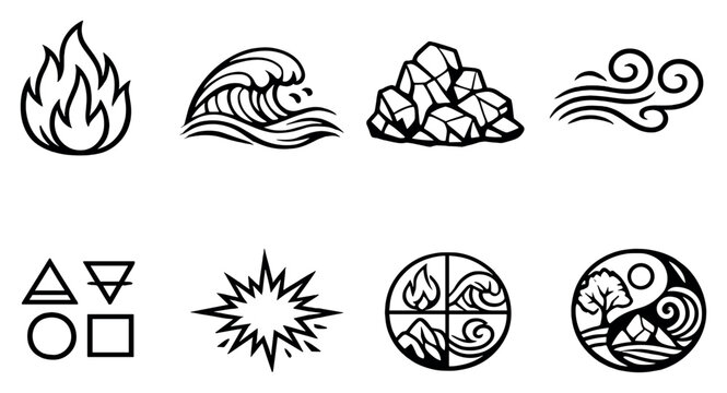 Classical Elements in outline style: blazing fire icon, flowing water wave, solid rock earth, wind gust lines, elemental symbols set, natural energy spark. Vector icons