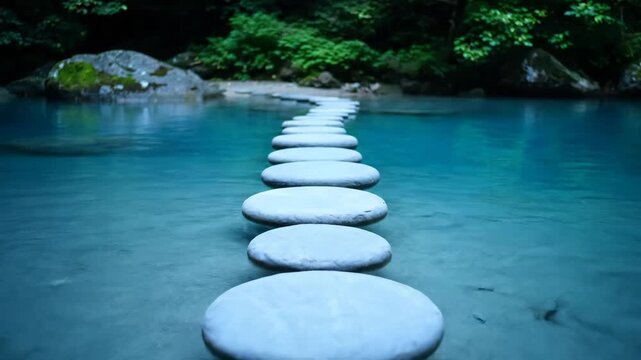 Stepping Stones Over Tranquil River - A row of smooth, round stepping stones stretches across a shallow river with clear, turquoise-colored water.