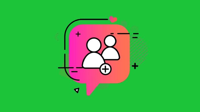 Animated add friend icon with user avatars inside colorful chat bubble on green screen, social media connection concept loop