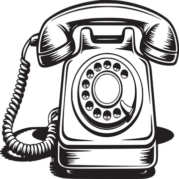 Illustration of a vintage rotary dial telephone in black and white on a plain background