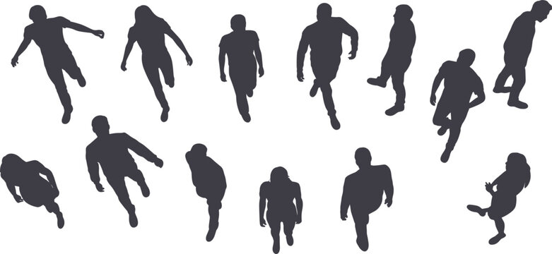 Overhead view collection of human silhouettes walking and running, isolated on white background, showing crowd movement, urban lifestyle, anonymous people activity concepts illustration