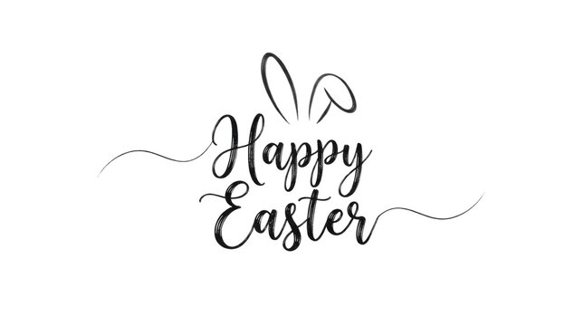Happy easter calligraphy with bunny ears graphic on white background, handwritten style script font high-key lighting with cutout object