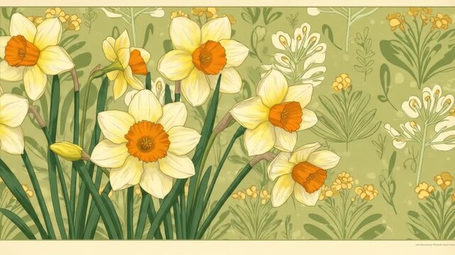 Yellow daffodils bloom against a subtle green floral pattern