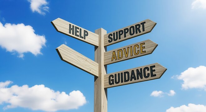 Wooden signpost with arrows pointing to help, support, advice, and guidance against blue sky with clouds. Represents assistance, direction, and decision-making in business contexts.
