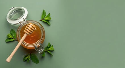 A jar of honey with a honey dipper surrounded by leaves on a green surface viewed from above