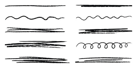 Black underline chalk brush strokes with pencil line crayon texture for handdrawn designs and markings. Rough wavy zigzag patterns or straight horizontal elements. Artistic sketch isolated on white.
