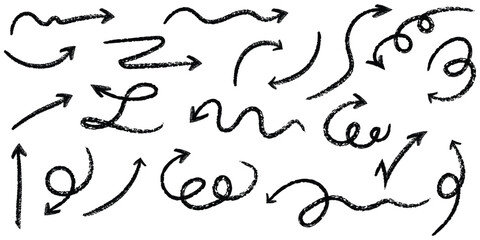 Obraz premium Hand drawn arrow set with crayon texture - curved and straight, spiral and wavy directional pointers for navigation or infographic design. Black sketchy marks on white bg for web and print projects.