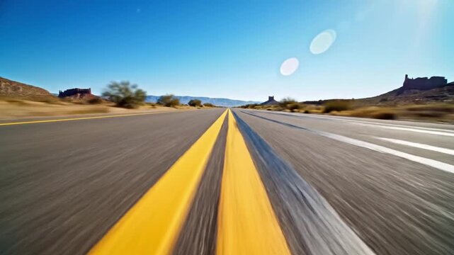 Driving down a long road in the desert with clear skies and mountains in the distance