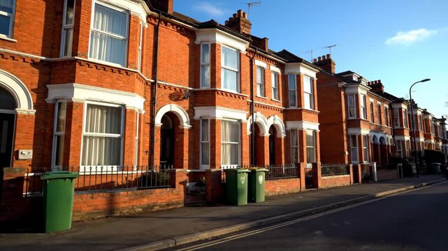 Residential Street with Terraced Houses - A row of terraced red brick houses line a street with green garbage bins visible on the sidewalk. The houses feature white window frames and arched doorways.