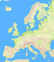 Obraz premium Map of Europe showing the region with relief representation, rivers, lakes and administrative boundaries. No labels at all.