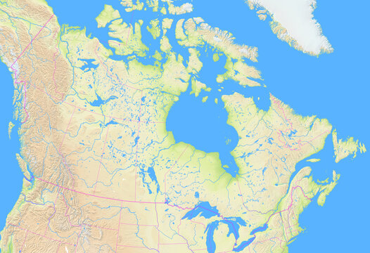 Map of Canada showing the region with relief representation, rivers, lakes and administrative boundaries. No labels at all.
