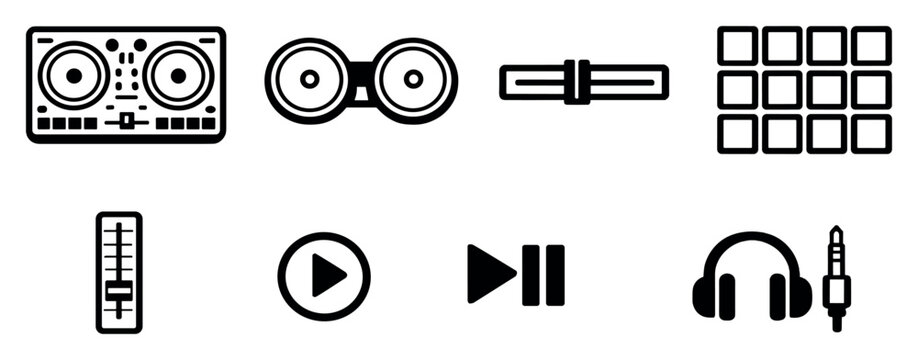 DJ Controllers in outline style: compact DJ controller, dual jog wheels, crossfader slider, performance pads grid, pitch fader, cue button, play pause button. Vector icons