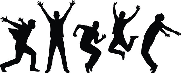 Set of active men silhouettes jumping and celebrating in various energetic poses for success freedom movement and achievement design concepts