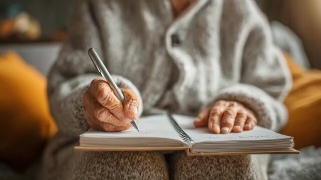 Elderly individual recording daily symptoms in a notebook with hand and pen crisply focused and cozy home interior blurred behind.