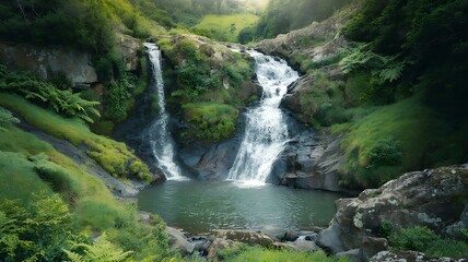 Obraz premium Picturesque Multi-Tiered Waterfall Flowing into a Serene Pool in Lush Green Forest