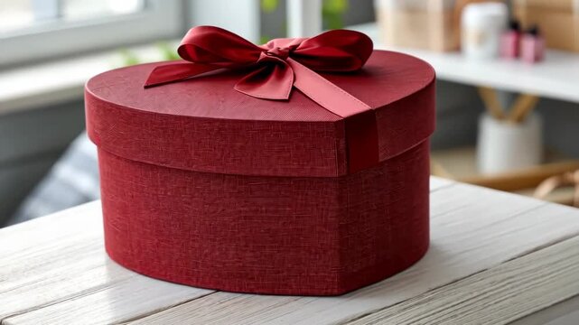 Gift box sits on table in a cozy room with natural light coming through the window, showing a simple yet nice setting in the background
