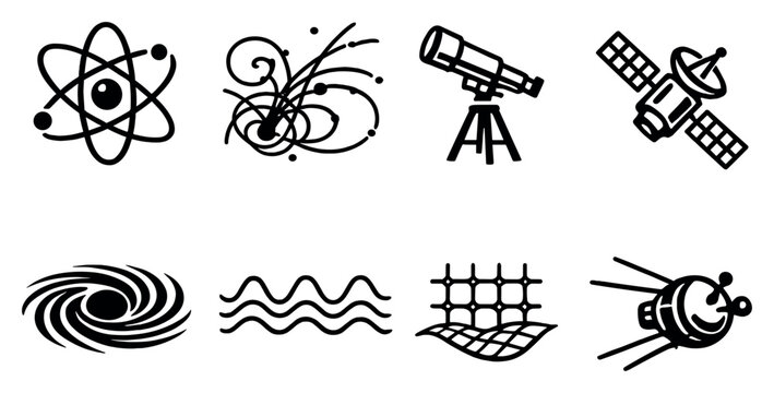 Physics and Space Research in outline style: atom model, particle track, telescope, satellite, black hole swirl, wave pattern, quantum grid, space probe. Vector icons