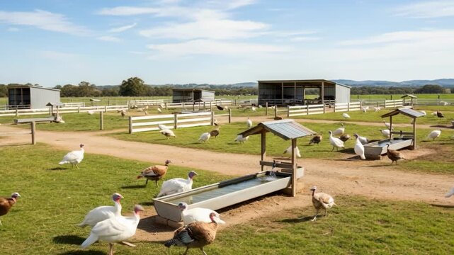 Medium shot focusing on a freerange turkey farm layout featuring planned open spaces alongside pathways and water stations under blue skies.