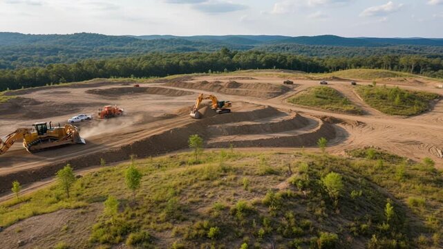Midstage mine reclamation showing heavy machinery reshaping earth contours to restore natural landforms surrounded by recovering flora.