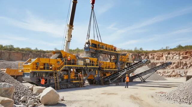 Modular mobile crushing unit being assembled onsite highlighting versatility and ease of transport for customized granite processing.