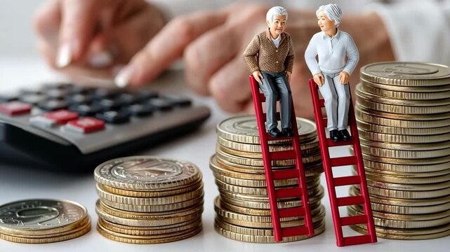 Miniature figures sit on coin stacks while a hand uses a calculator, showing how to manage finances