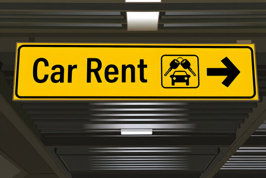 Yellow car rent sign with arrow and icon on ceiling with lights