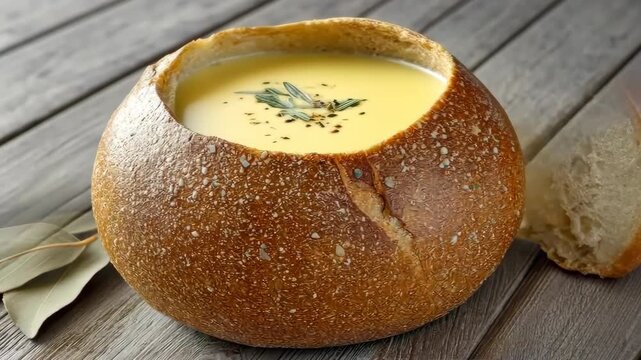 Enjoying soup served in a bread bowl with herbs on top while fresh bread is on the side for dipping