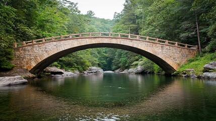 Fototapeta premium Tranquil scene of an arched wooden bridge over a reflective river in a lush forest environment