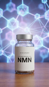 NMN supplement bottle labeled as nicotinamide mononucleotide, set against a futuristic molecular background. Depicts dietary trends in biohacking and longevity. Image made using Generative AI.