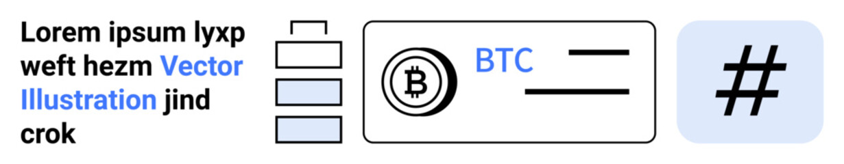 Fototapeta premium Bitcoin coin beside wallet symbol, digital hash icon, and text. Ideal for cryptocurrency, technology, blockchain, finance, digital security, fintech and simple landing page