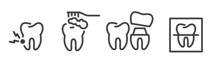 Dental x-rays, tooth pain, brushing teeth, dental crown, set of simple linear icons