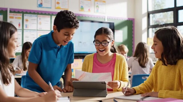 Kids learning together in classroom using tablet for group study at school