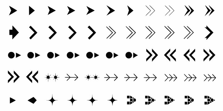 Arrangement of black geometric arrow and chevron patterns on a white background