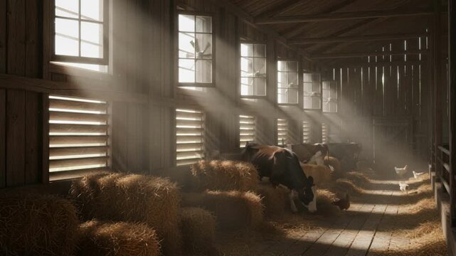 Medium shot of natural barn ventilation with open windows and vents allowing fresh air to circulate through hay and livestock areas.