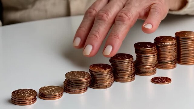 Counting coins and organizing old pennies on a table by an elderly person during the afternoon in a cozy room
