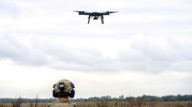 Military personnel in camouflage gear using a remote controlled uav for a surveillance mission, with the drone taking off from a field and ascending into the cloudy sky for aerial observation