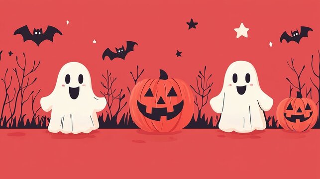 Two cheerful ghosts stand beside carved pumpkins against a vibrant red background, with bats and stars adding a festive Halloween atmosphere.