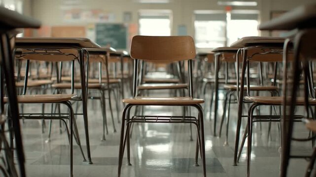 Classroom scene in medium shot emphasizing sharp rows of desks filled with exam sheets proctors presence subtly out of focus for a calm testing atmosphere
