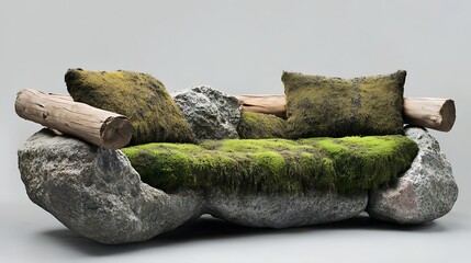 A rustic stone age sofa with a frame made from large boulders, moss-covered cushions, and primitive wooden armrests 