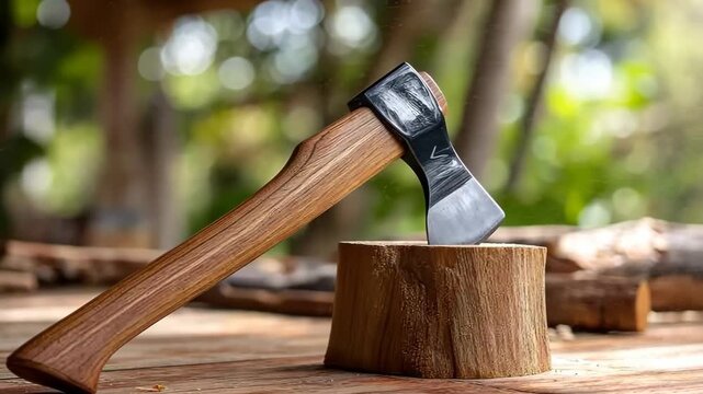 Using a hand axe to chop wood in a garden setting during the day