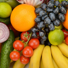 Fresh Seasonal Fruits and Vegetables Arranged in a Bright Organic Food Background