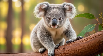 Naklejka premium A cute koala sits on a wooden branch with green leaves, looking at the camera with a gentle expression. Blurred trees and warm sunlight create a peaceful natural setting.