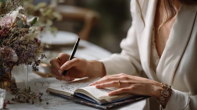 Hands meticulously reviewing details in wedding planner notebook during elegant event preparation