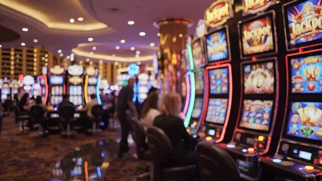 Crowd plays slot machines in busy casino during evening hours in Las Vegas