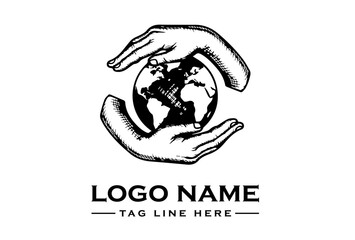 Obraz premium A black and white logo featuring two hands cradling a globe with a placeholder name and tagline on a plain white background.