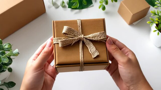 Gift wrapping process with a simple brown box and twine at a bright table filled with plants